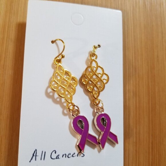 Hand Crafted Cancer Awareness Drop Pierced Earrings Lavender All Cancers - Picture 5 of 7